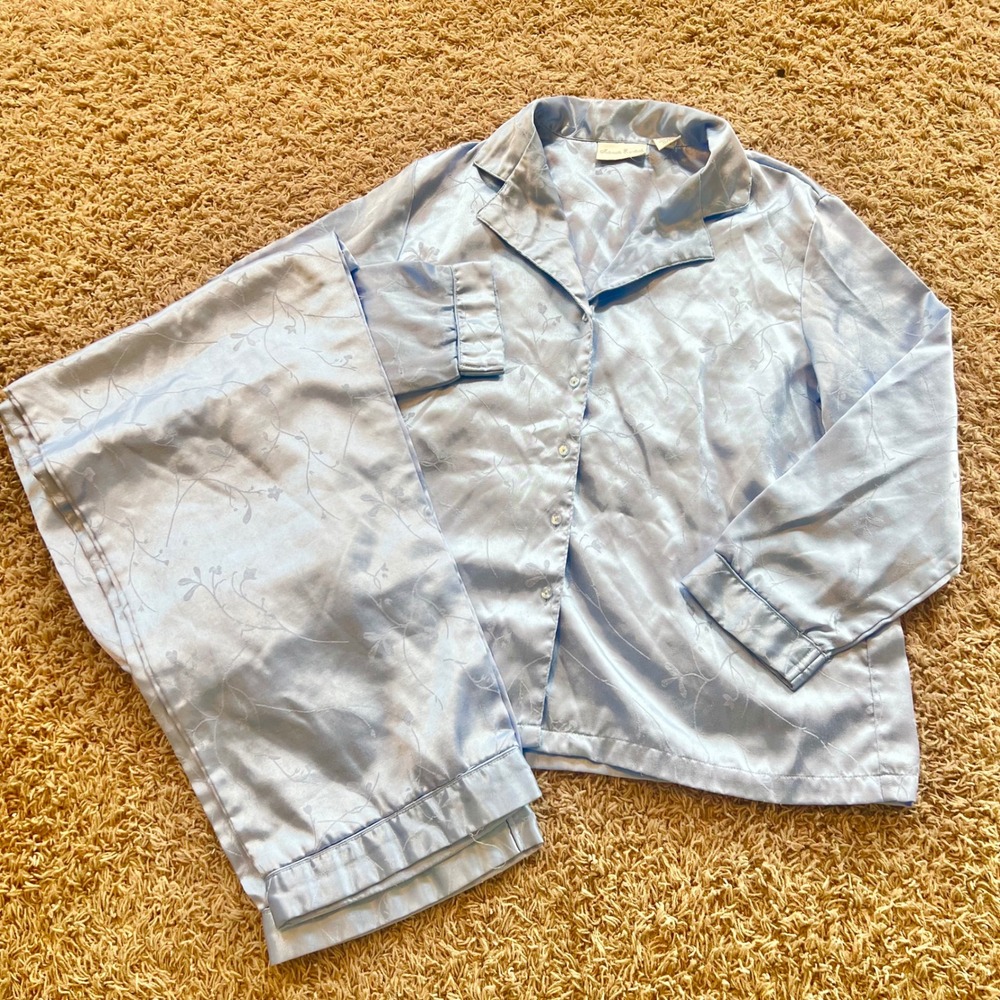 Intimate Essentials Blue Satin Pajama Set Floral Jacquard L Long Sleeve Pants
